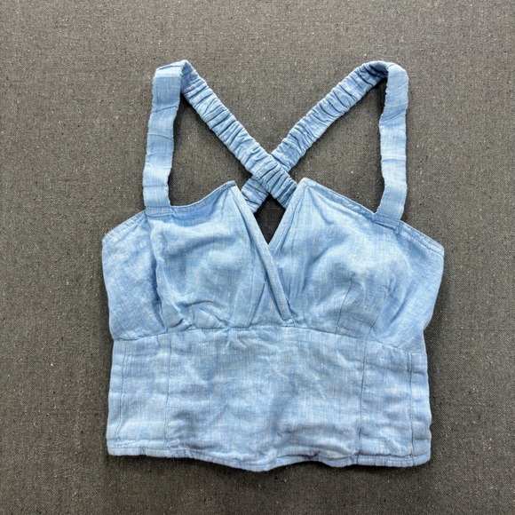 Anthropologie Tops - Anthropologie Light Blue Linen Blend Criss Cross Back Crop Top Smocked Back